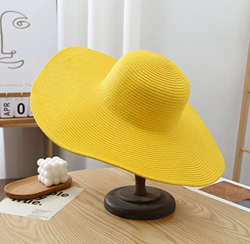 Big Beach Hats for Women Foldable Summer Wide Brim Packable Oversized Sun Hat Lady Girl Travel Straw Cap - color: Yellow