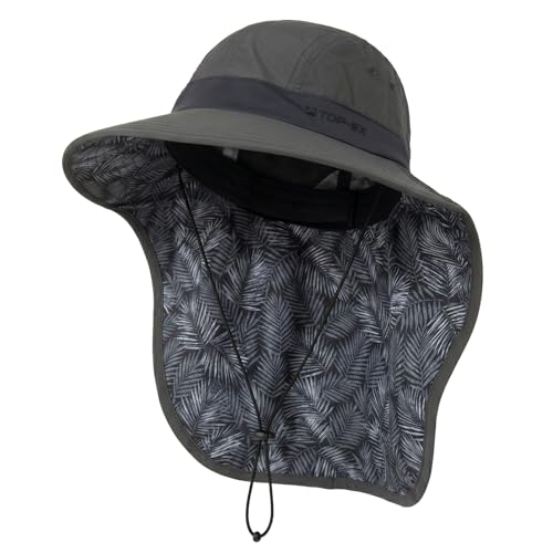 TOP-EX UPF 50+ Cooling Wide Brim Sun Hat for Men with Neck Flap, Packable - color: Dark Grey - Tropical Palm, size: Medium-Large