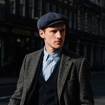 FEINION Men 8 Panel Herringbone Wool Newsboy Cap - color: Herringbone Navy, size: 7 1/8