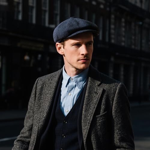 FEINION Men 8 Panel Herringbone Wool Newsboy Cap - color: Herringbone Navy, size: 7 1/2