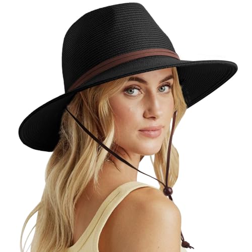 DRESHOW Womens Summer Straw Sun Hat Wide Brim Bucket Hats Fedora Hat Panama Beach Hat with Chin Strap UPF 50+ - color: 1 Pc Panama Fedora: Black