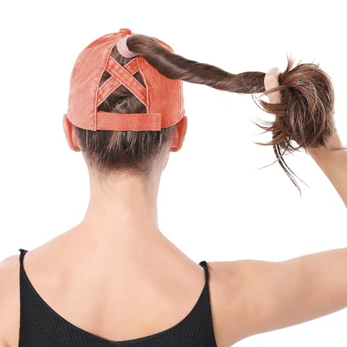 Criss Cross Ponytail Hat Women Washed Distressed Baseball Caps Adjustable High Messy Bun Ponycap - color: B - Denim Orange