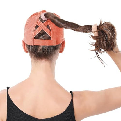 Criss Cross Ponytail Hat Women Washed Distressed Baseball Caps Adjustable High Messy Bun Ponycap - color: B - Denim Orange