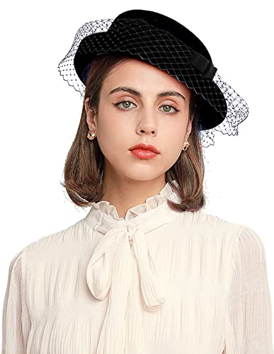 Z&X British Vintage Wool Felt Pillbox Hat Ladies Church Derby Winter Fascinator Hat Veil Flower Fedoras - color: 036 Black
