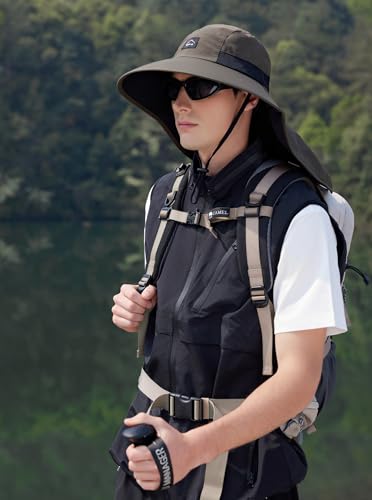 HUAMULAN Women Wide Brim Summer Sun Hat Ponytail Hole with Neck Flap - color: Armygreen With Black Mesh