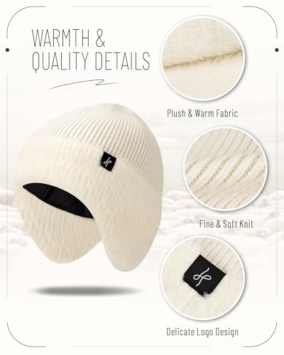 HAMUNI Winter Fleece-Lined Beanie with Earflaps, Warm Windproof Unisex Beanie Hat for Skiing, Hiking & Outdoor Winter Sports - color: Oatmeal