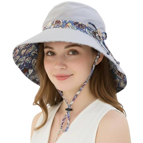 Women Bohemian Reversible Sun Hat Wide Brim Fishing Hats - color: Lac001-gray