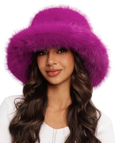 Women's Oversized Faux Fur Bucket Hat, Fluffy Plush Fuzzy Winter Warm Hat - color: Rose