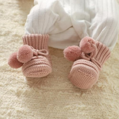 Baby Hats and Booties Set Newborn Knit Pompom Beanie Caps Shoes Winter - color: Pink
