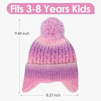 Toddler Earflap Beanie Hat with Rainbow Pom for Little Girls Knitted Beanies Kids Winter Skiing Caps Age 3-8 - color: Multicolor 02