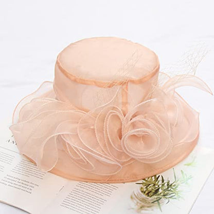 Women Derby Fascinator Hat Organza Church Wedding Hats Wide Brim Cocktail Tea Party Hat - color: 12 Light Pink