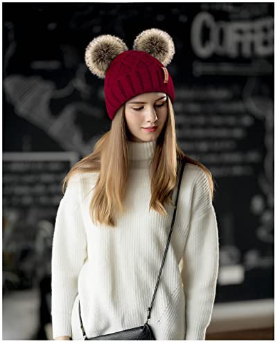 Arctic Paw Womens Winter Hat Cable Knit Beanie for Women Faux Fur Pompom Ears - color: Burgundy_grid