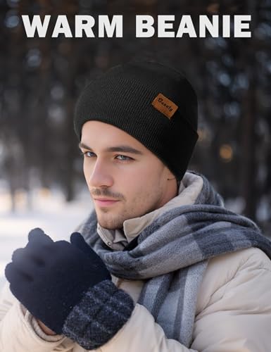 Beanie Hats for Men Women Knit Winter Hat, Warm Skull Stocking Cap, Striped Snow Hat Heated Cuffed Beanie - color: 2p-black+deep Khaki