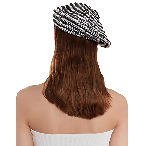 Straw Beret Summer French Beret Hats for Women Artist Crochet Beret - color: Striped
