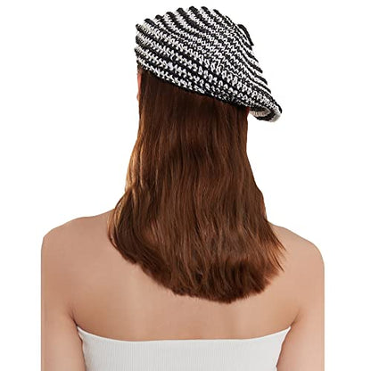 Straw Beret Summer French Beret Hats for Women Artist Crochet Beret - color: Striped