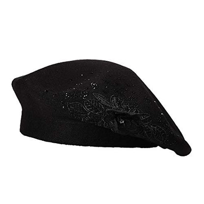 ZLYC Women French Beret Hat Reversible Solid Color Mosaic Warm Artist Cap - color: Flower Black