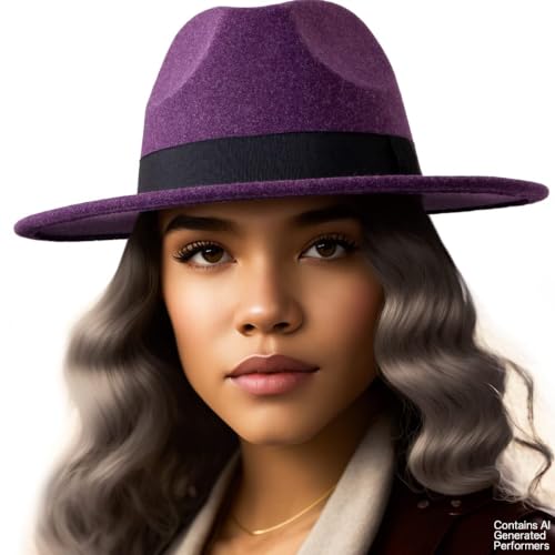 Felt Wide Brim Fedora Hats for Women Men, with Band Belt Buckle, Adjustable - color: P12 Mix Purple