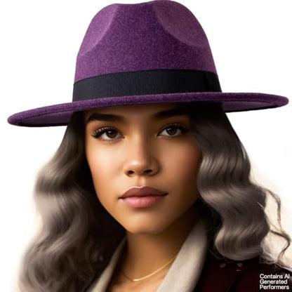 Felt Wide Brim Fedora Hats for Women Men, with Band Belt Buckle, Adjustable - color: P12 Mix Purple