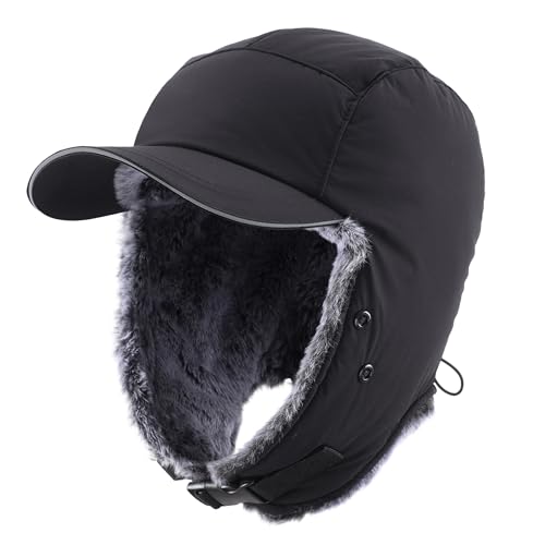 Home Prefer Waterproof Mens Faux Fur Trooper Trapper Hat Hunting Warm Winter Hat with Ear Flaps Visor Face Mask - color: Black