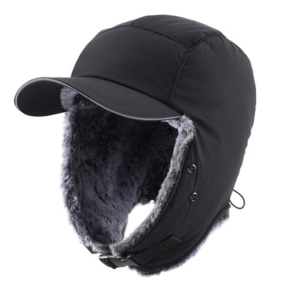 Home Prefer Waterproof Mens Faux Fur Trooper Trapper Hat Hunting Warm Winter Hat with Ear Flaps Visor Face Mask - color: Black