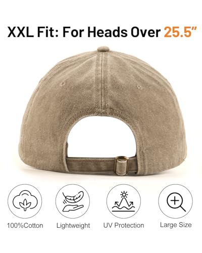 Zylioo XXL Baseball Cap for Big Heads Men Women, Washed Denim Dad Hat - color: Khaki, size: Large