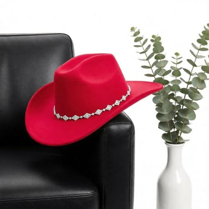 DRESHOW Women's Western Cowboy Hat Rhinestone Cowboy Cowgirl Hat Glitter Wide Brim Felt Fedora Hats Unisex Rolled up Caps - color: 1 Pack Style 11: Red