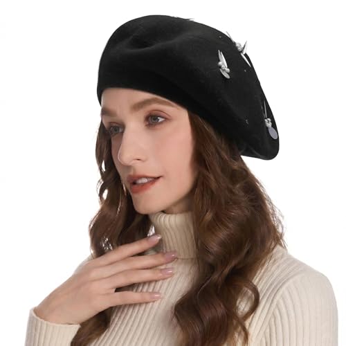 ZLYC Women French Beret Hat Reversible Knit Thickened Warm Artist Cap - color: Paillettes Bunny Black