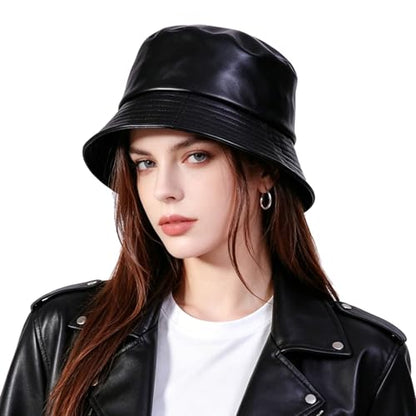 MILAKOO Pu Leather Bucket Hat for Unisex Reversible Fishing Cap Metallic Retro 80s 90s Fisherman Hat - color: A: Black