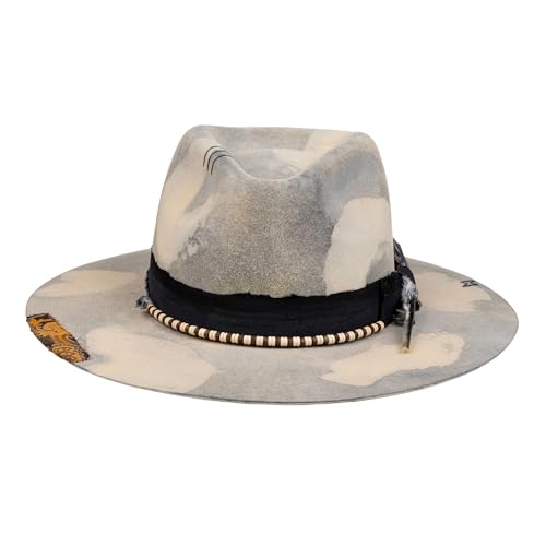 RUEDIGER Vintage Wide Brim Fedora Hats 100% Wool Stiff Felt Hat Rancher Hat with Lightning Logo Handmade Distressed/Burned - color: Light Blue, size: 7 1/8