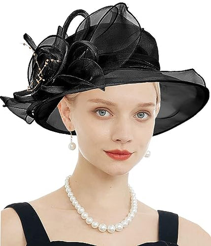 Women's Kentucky Derby Church Dress Hat Wide Brim Leaf Flower Bridal Shower Hat - color: F9 Black