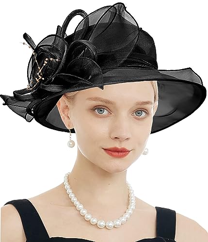 Women's Kentucky Derby Church Dress Hat Wide Brim Leaf Flower Bridal Shower Hat - color: F9 Black