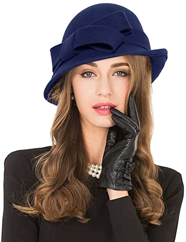 Z&X Women Winter Wool Felt Cloche Bucket Hat 1920s Vintage Gatsby Hat Elegant Bow Church Wedding Hat - color: 026 Navy Blue