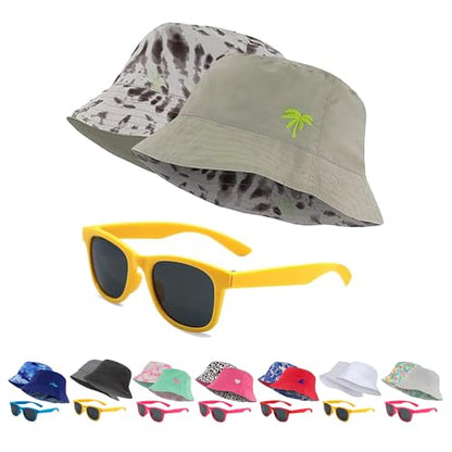 Kids Bucket Hat for Girls & Boys, Packable Fun & Cool Reversible Beach Sun Teen Toddler Bucket Hat with Sunglasses - color: Grey/Tie Dye, size: 3-7 Years
