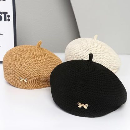 CLeemuzinN Women Summer Beret Hat Slouchy Crochet French Artist Caps Travel Beach Painters Hats Ladies Spring Fall - color: Black, size: Medium-Large