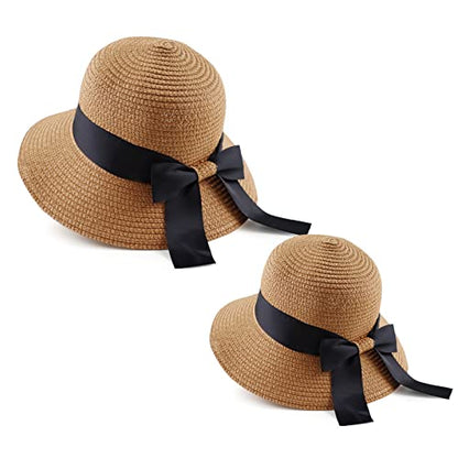 Zsedrut Women,Little Girls Straw Sun Hat Summer Beach Cap Foldable Visor Floppy Hats Wide Brim with Bowknot - color: Khaki, size: One Size