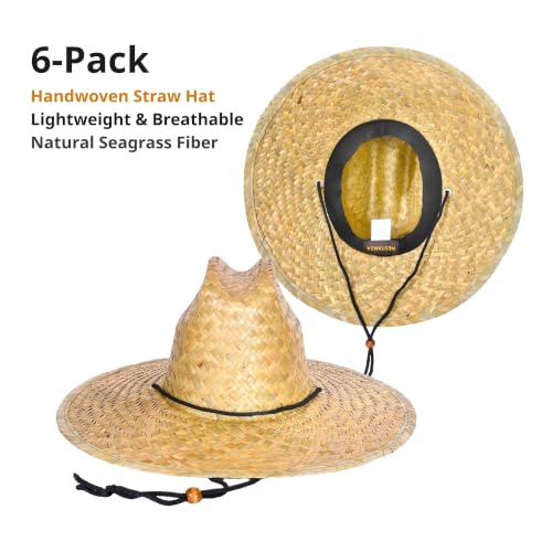 6 Pack Straw Hats – Bulk Wide Brim Lifeguard Sun Hats for Men & Women with Adjustable Chin Strap - color: Natural Straw