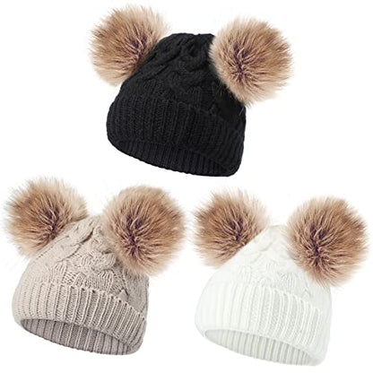 Geyoga 3 Pcs Winter Baby Beanies Double Pompom - color: Black, White, Khaki