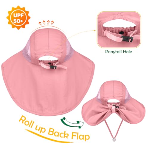 Kids Sun Hat UPF50+ Summer Beach Play Sun Protection Hats with Neck Flap for Ages 5~14 Girls Boys - color: Pink