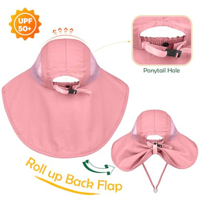 Kids Sun Hat UPF50+ Summer Beach Play Sun Protection Hats with Neck Flap for Ages 5~14 Girls Boys - color: Pink