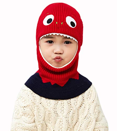 Kids Boys Girls Dinosaur Winter Knit Hat Baby Toddler Thick Scarf Earflap Hood Scarves Skull Caps - color: Red(2-7years Old)