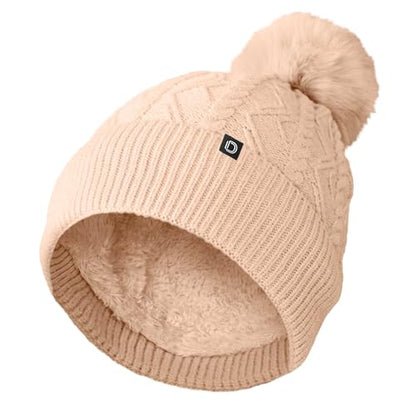 DALIX Cable Knit Pom Beanie Soft Stretch Skully Warm Fuzzy Faux Sherpa Winter Ski Beanie - color: Peach