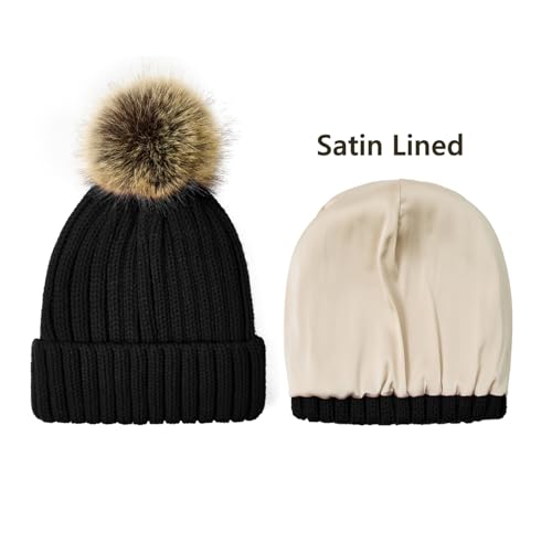 Satin Lined Beanie for Women with Detachable Pom Pom, Winter Cuffed Hat - color: 01 Black