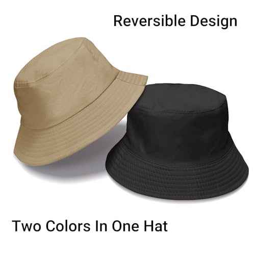 PFFY Reversible Bucket Hat for Women Men Cotton Sun Beach Fishing Cap - color: Black/Khaki (Reversible)