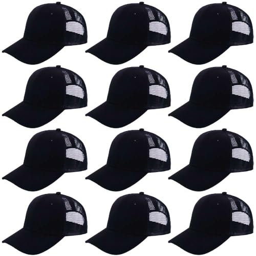 ZH 12 Pack Mesh Trucker Hats, Bulk Baseball Caps for Men and Women, Trucker Cap Wholesale - color: Black