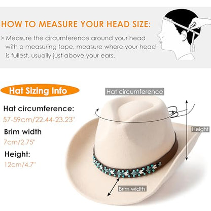 Western Cowboy Hat Felt Wide Brim Women Men Cowgirl Hats - color: X-beaded Buckle-beige