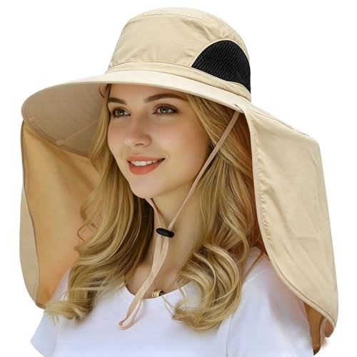 HUAMULAN Women Men Wide Brim Sun Hat Hiking Fishing Hats with Neck Flap - color: Yq005-beige