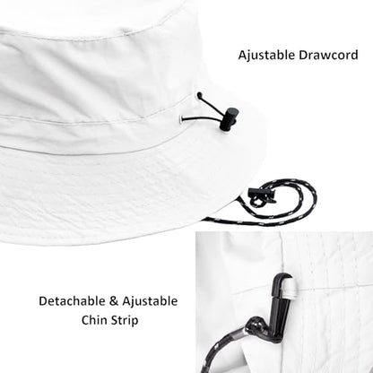 woogwin Waterproof Bucket Rain Hat with Chin Strap Quick Dry Packable Boonie Sun Hat Safari Hat UV Protection - color: White