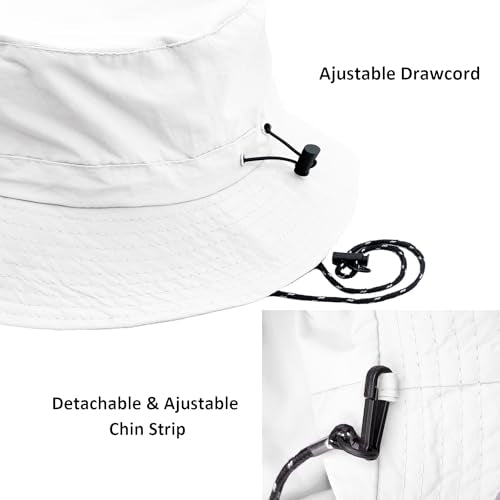 woogwin Waterproof Bucket Rain Hat with Chin Strap Quick Dry Packable Boonie Sun Hat Safari Hat UV Protection - color: White