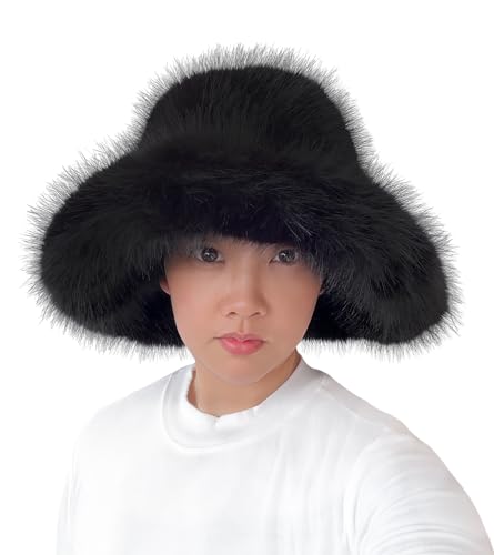 Lina & Lily Oversized Winter Faux Fur Bucket Hat for Women - Long Pile Fur Wide Moldable Brim - color: Black