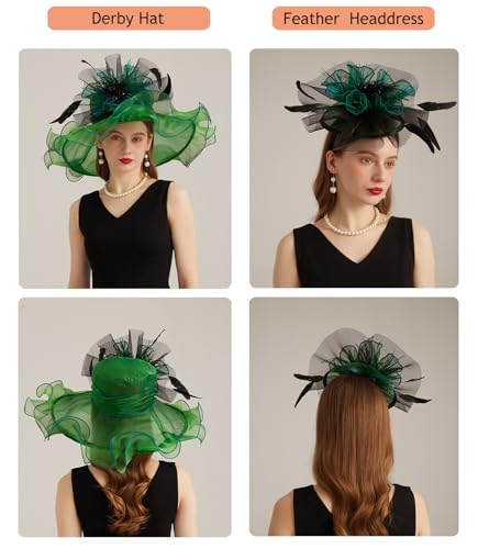 ORIDOOR Women Hats Headband Hairpin Organza Fascinator Church Hat Floral Tea Party Wedding Hat - color: 007 Dark Green